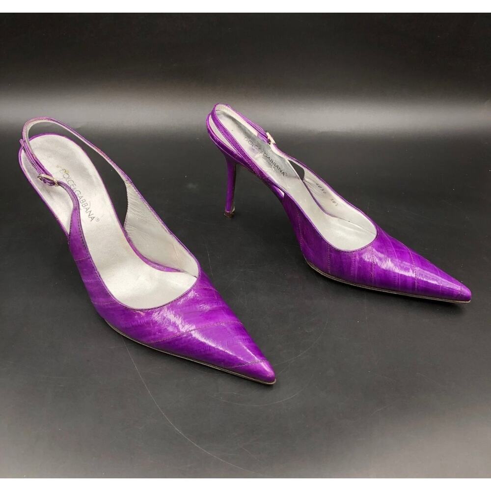 Dolce & Gabbana Crocodile Leather Slingback Heels Purple Pointed Toe Sz. 8 - Picture 2 of 9